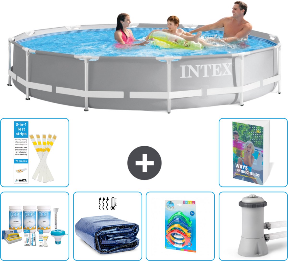 Intex Rond Prism Frame Zwembad – 366 x 76 cm – Grijs – Inclusief Onderhoudspakket – Solarzeil – Speelgoed – Zwembadfilterpomp – 7-delig