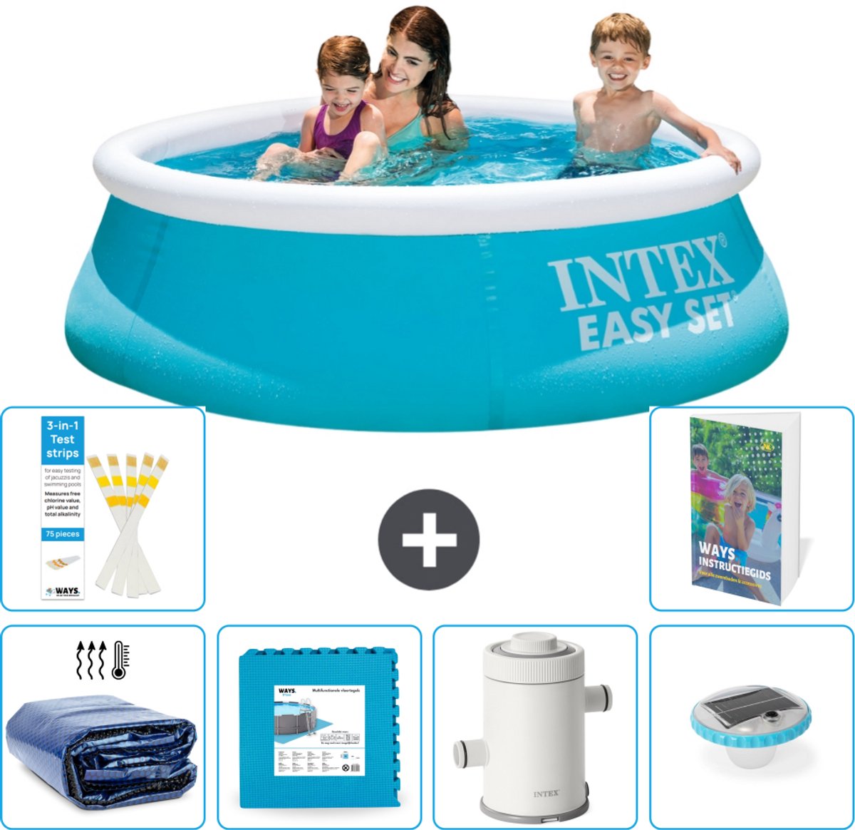 Intex Rond Opblaasbaar Easy Set Zwembad – 183 x 51 cm – Blauw – Inclusief Solarzeil – Vloertegels – Zwembadfilterpomp – Verlichting – 7-delig