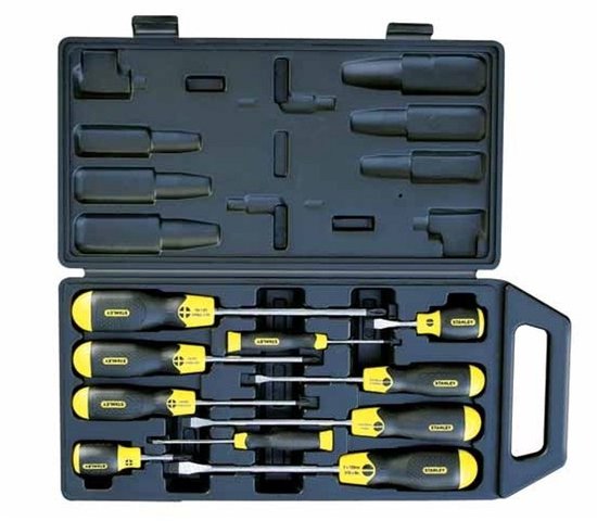 Kistje met 10 Stanley Cushion Grip schroevendraaiers, zwart en geel.