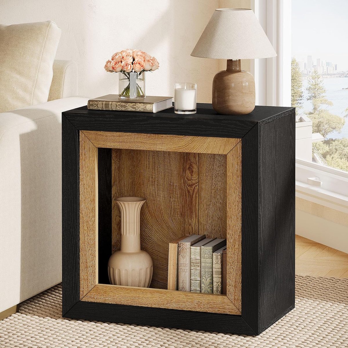 Bijzettafel - Nachtkastje Hoektafel - Woonkamer Inrichten - Frame-achtig Design - 60 x 30 x 60 cm - Bruin Zwart