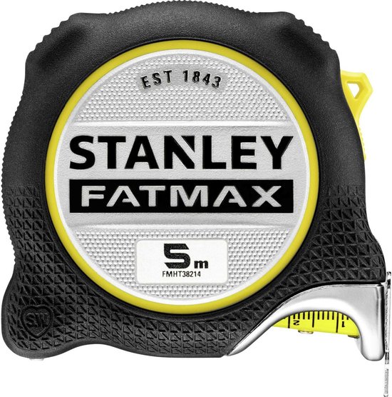 Stanley FatMax 5m rolmaat met zwart rasterpatroon, gele rand en 'EST 1843'.