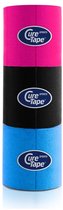 Drie rollen CureTape Sports: fuchsia, zwart en blauw, gestapeld in een koker.