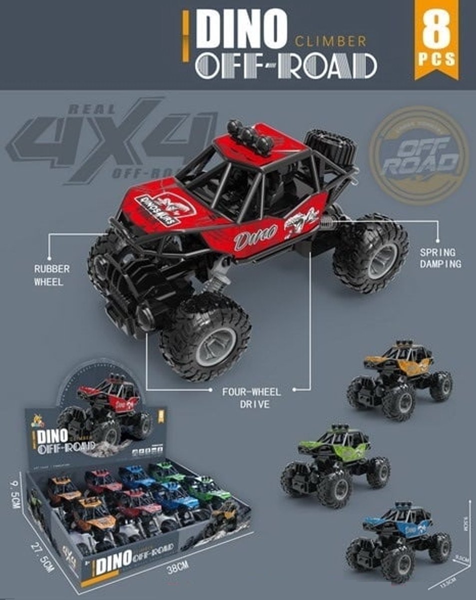 Kidsfun dino off-road auto speelgoed met schokbrekers en pull back.