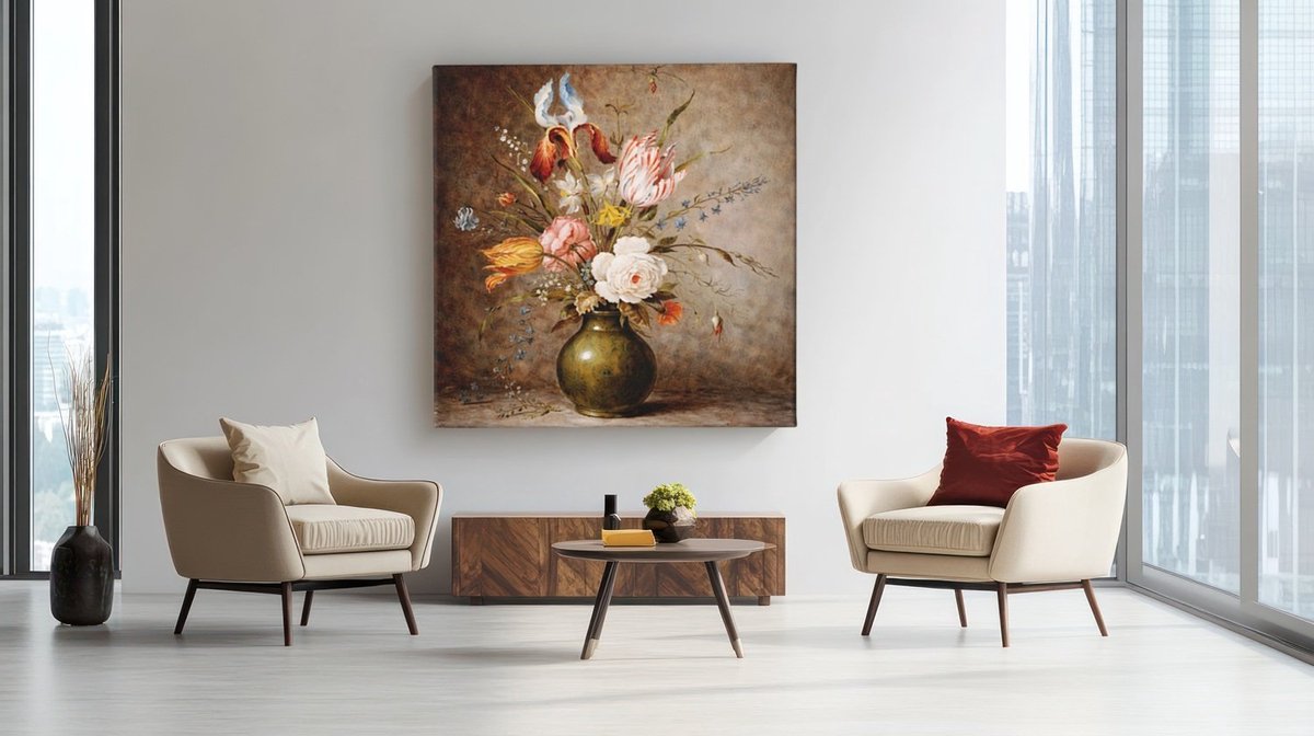 Trendex Global Vierkant Canvas Schilderij - Klassiek Bloemen - Stilleven - Woonkamer - Slaapkamer - Wanddecoratie - 60x60 cm Kleurrijk