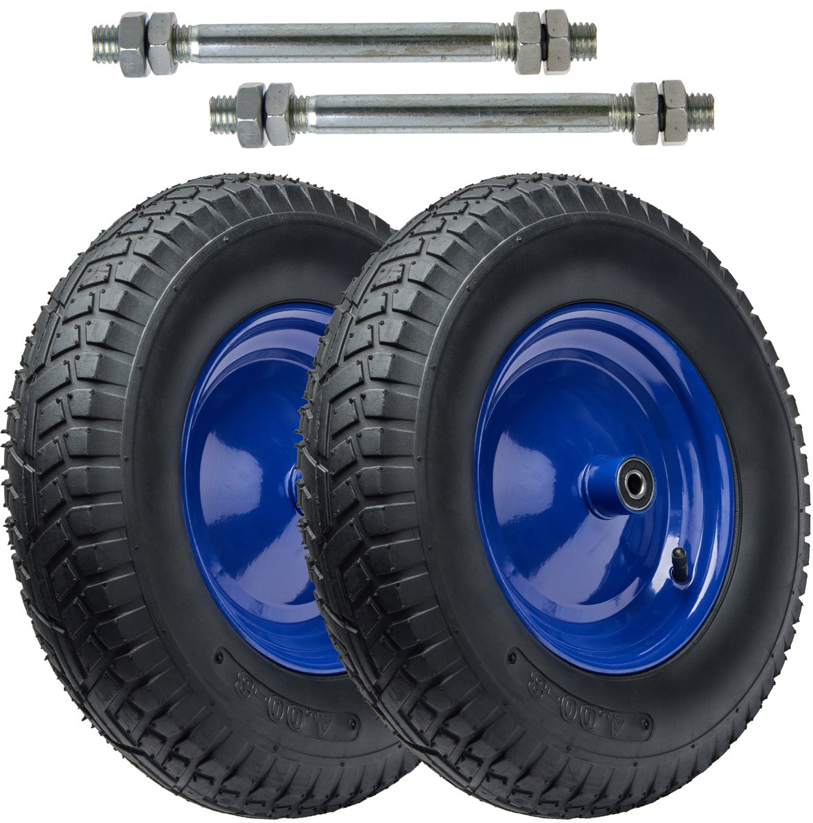 GARRONDA 2-pack zwart-blauw - Vervangwiel Kruiwagen 4.80/4.00-8 Kruiwagenwiel Ø 390 mm Luchtband 6PR Band tot 250 kg met As Stalen Velg Kogellager voor Tuinwagen Erf Bouwplaats GD-0163, Zwart-Blauw