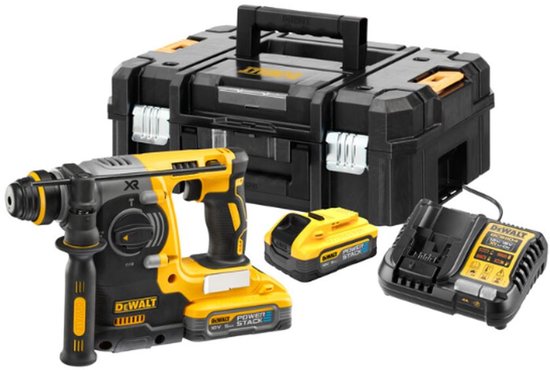 DeWALT boorhamer met gele-zwarte POWERSTACK accu, lader en zwarte koffer.
