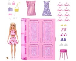 Barbie Super Kledingkast – Modepop met 25+ Stukken, Roze Glitterkast & Kaptafel