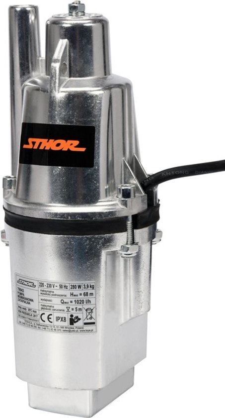 Sthor membraanpomp, zilverkleurig metaal, met zwarte kabel en oranje/zwart logo. Specificaties: 230V-50Hz, 280W, 3.9kg, H=68m, Q=1020 l/h.
