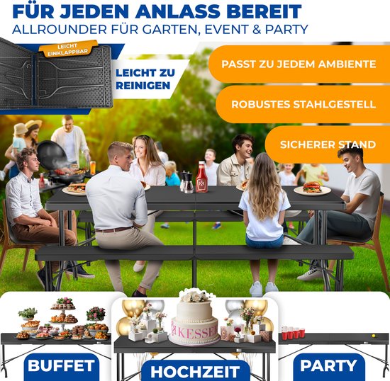 KESSER® Inklapbare Tafel 220x68x74cm Vouwtafel - Campingtafel Kunststof - Klaptafel Geschikt voor 8 Personen voor Tuin, Terras en Balkon inclusief Draaggreep - Antraciet van KESSER — afbeelding 4