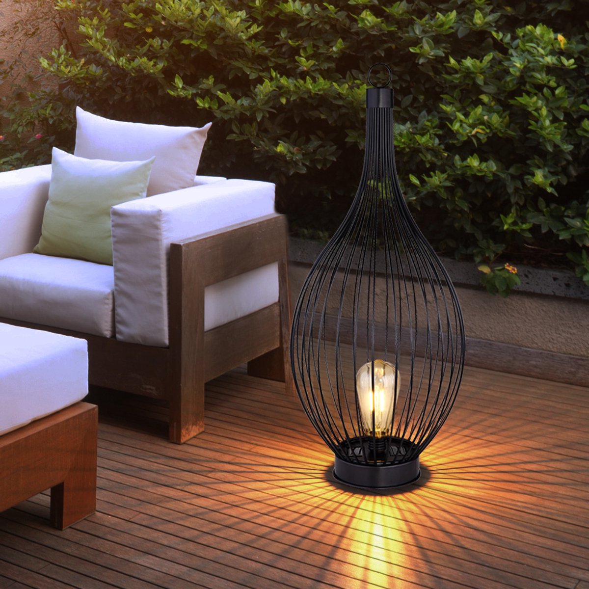 Solarlamp zwart buitenlamp modern terraslamp balkon, tuinlamp kooi design metalen stangen oplaadbare batterij weerbestendig, 1x LED warm wit, DxH 25x57 cm