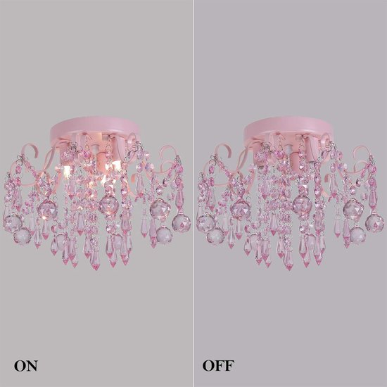 Q&S Mini-kroonluchter van glas, halve inbouwmontage, roze, meisjes, kleine kristallen plafondlamp, voor slaapkamer, badkamer, kast, kleuterschool met 3 lampen — afbeelding 2