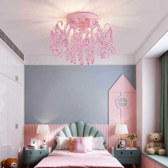 Q&S Mini-kroonluchter van glas, halve inbouwmontage, roze, meisjes, kleine kristallen plafondlamp, voor slaapkamer, badkamer, kast, kleuterschool met 3 lampen — afbeelding 3