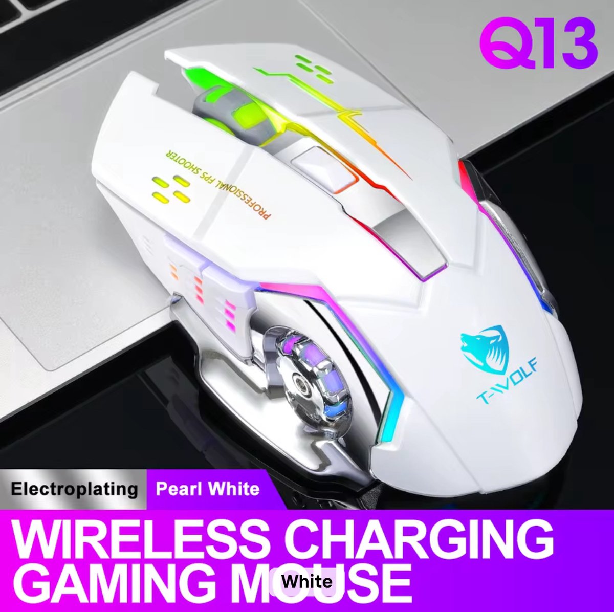 Draadloze Gaming Muis Q13B – Bluetooth + 2.4G USB – Oplaadbaar – 2400 DPI – Stille Klik – RGB LED – Ergonomisch – Wit