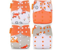 babyluier, wasbaar, herbruikbare luiers, all-in-one-zakluier voor de meeste baby's en peuters 4 stuks (Oranje vos)