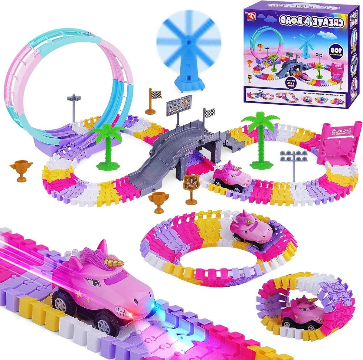 Flexibele Racebaan - Baan Speelgoed - Uren Speelplezier - 144 Delige Set - 360 Graden Helling - Roze