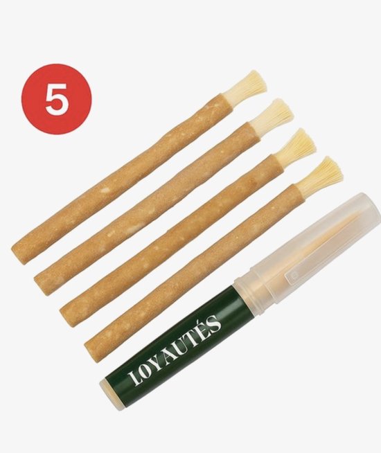 Vijf natuurlijke miswak stokjes met een houder van LOYAUTÉS. De stokjes hebben aan één uiteinde borstelharen.