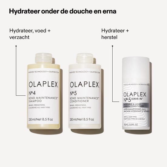 Drie Olaplex flacons: shampoo, conditioner en leave-in conditioner.