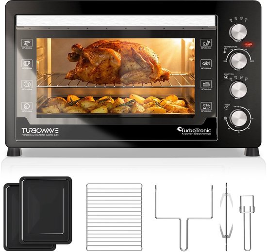 Tubrotronic EVS60 - Vrijstaande Oven - 60 liter - Mini Oven - 2000W - Incl Draaispit en bakplaten - Zwart
