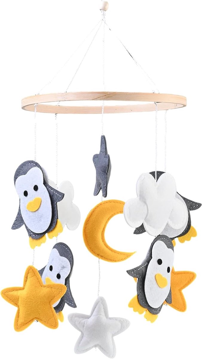 Baby Bed Mobiel - Wieg Decoratie - Visuele Stimulatie - Handgemaakte Vilt Figuren - 20cm Ring - Grijs Wit Geel