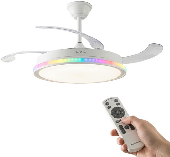 Plafondventilator met LED RGB-licht, intrekbare bladen, 6 snelheden, stille DC-motor, afstandsbediening, timer