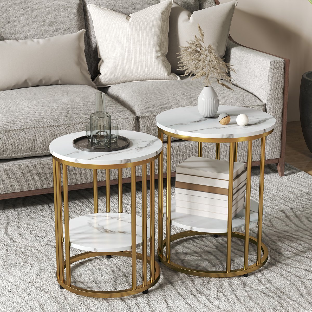 MODFU Set Van 2 Ronde Salontafels - Met Onderblad - Modern - Voor Woonkamer Of Slaapkamer - MDF En Metaal - Wit