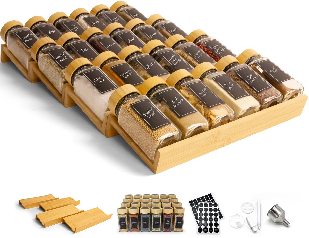 George Napoli Kruidenrek Lade met 24 Kruidenpotjes - Uitschuifbaar Kruidenrek Lade Organizer - Glas - Bamboe Deksels & Bamboe Plateaus - Incl. 240 Stickers