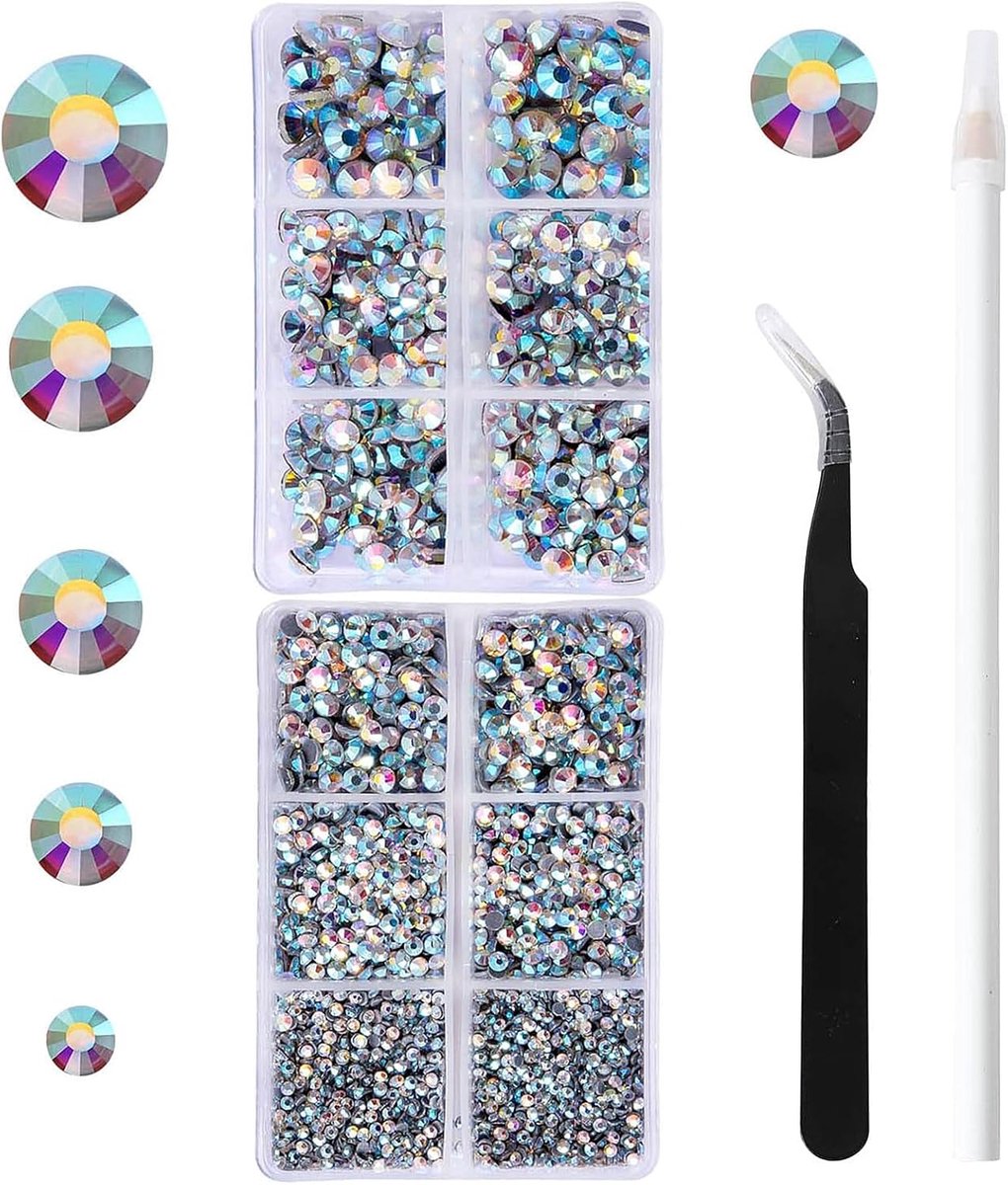 6616 stuks zelfklevende transparante strass-steentjes/kristaldiamanten, strass-steentjes voor nail art, 5 maten platte ronde kristallen strass-steentjes met pincet en strass-pennetje, voor kleding, shirts, gezicht en knutselwerkjes| Cyslmuk®