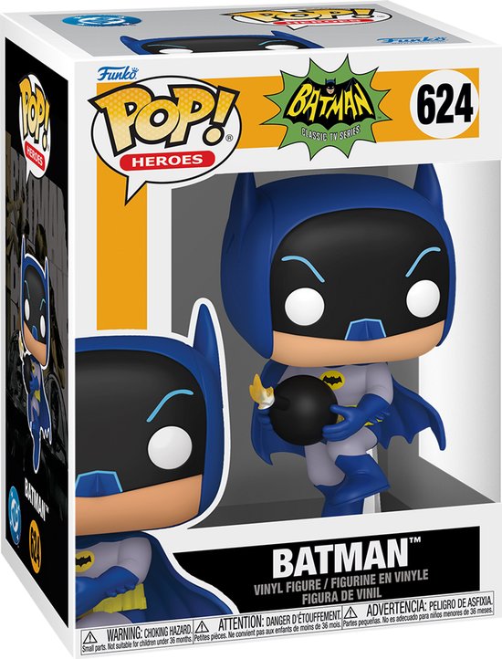 Funko Pop! Heroes Batman 624 figuur in verpakking, met blauwe cape, grijze outfit en een bom.