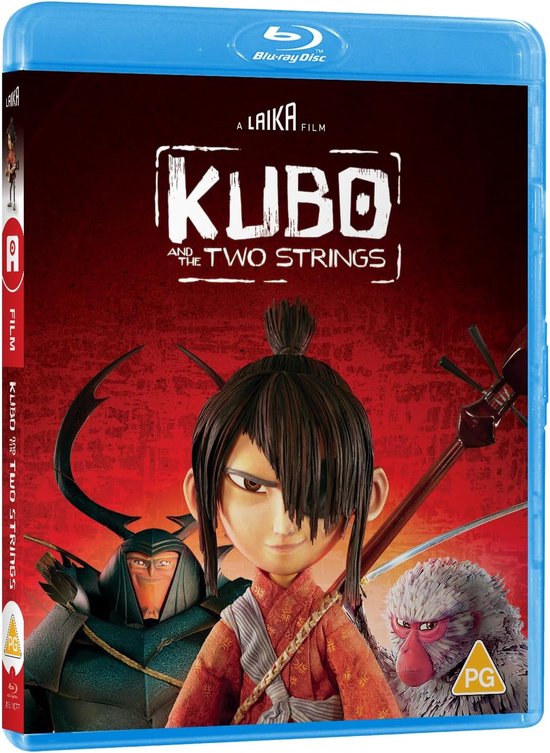 Blu-ray hoes van 'Kubo and the Two Strings' met Kubo, een Samurai, en een aap op een rode achtergrond.