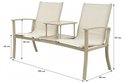Beige aluminium tuinbank met tafelblad en stoffen zittingen. Afmetingen: 155x58x93 cm, zithoogte 42 cm.