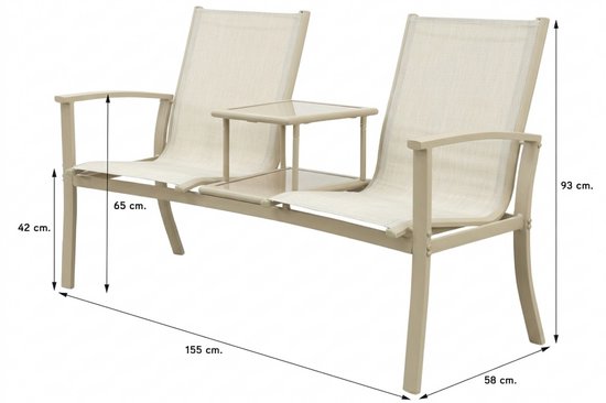 Beige aluminium tuinbank met tafelblad en stoffen zittingen. Afmetingen: 155x58x93 cm, zithoogte 42 cm.
