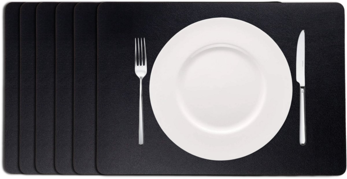 Cookinglife Placemats - Set van 6 - Rechthoekig - Dubbelzijdig - Vegan Lederlook Onderleggers - Zwart - 46 x 33 cm