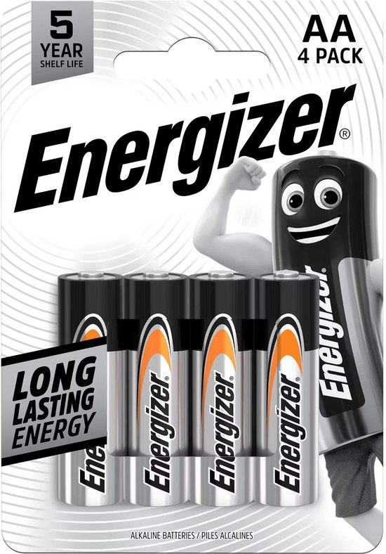 Piles Energizer AA, 4 unités, durée de conservation de 5 ans. Avec inscription "LONG LASTING ENERGY".