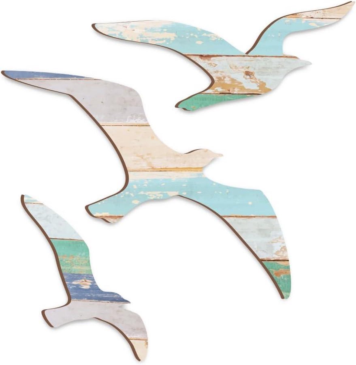 Houten Meeuwen Wanddecoratie - Zeevogel Ornamenten - Strand Huis Decoratie - Vintage Kuststijl - Verschillende Maten - Nautisch Kleuren