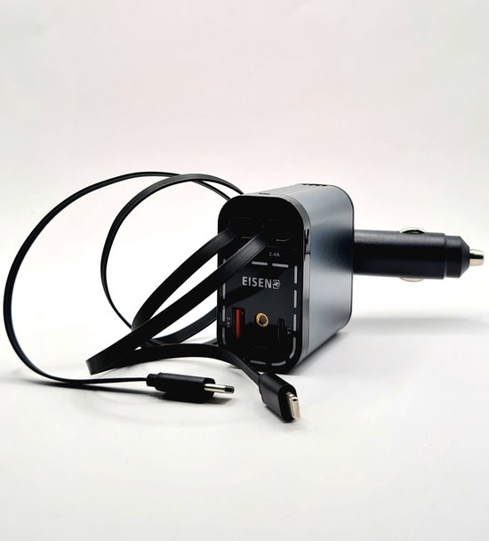 Eisenz 55W Auto lader 4-in-1 – Snellader Auto met USB-A & USB-C – Ingebouwde Kabels (Type-C & 8-Pin) – LED Display – 180° Draaibaar – Fast Car Charger - EZ-CR003