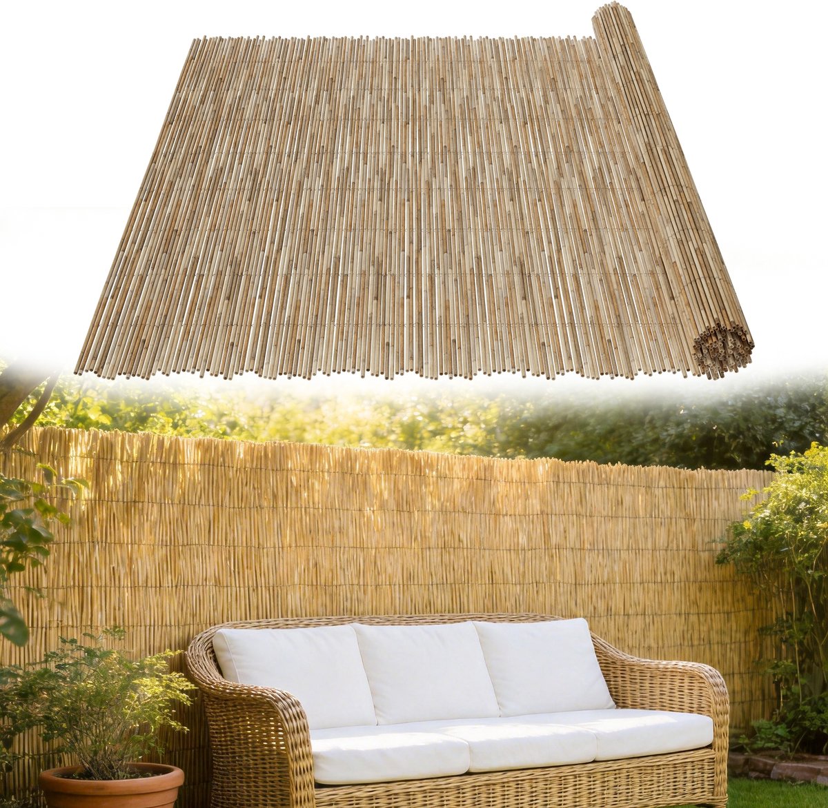 Froadp 90x300 cm rietmat, natuurlijke rietafscherming voor kleine tuinen en terrassen, weerbestendig en eenvoudig te monteren tuinafscherming met kabelbinders