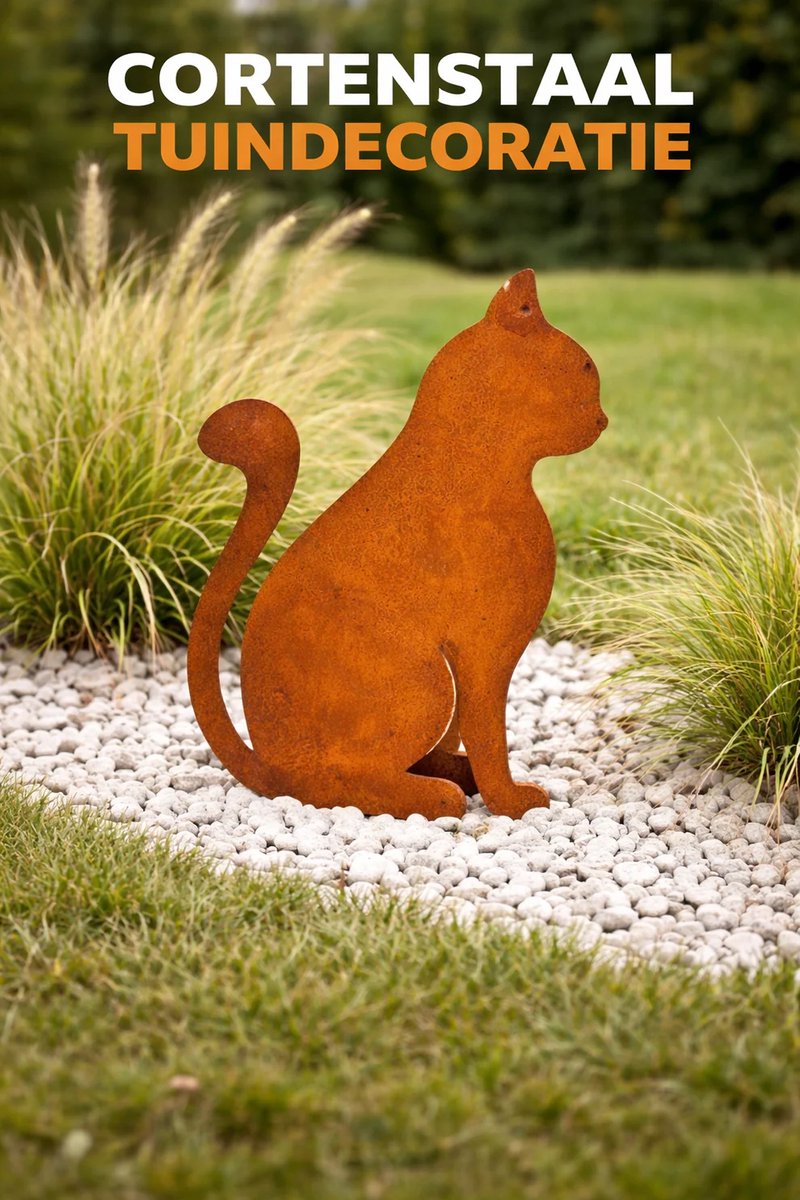 Roestige - Kat - Poes - Zittend - Tuindecoratie – Tuinornament - Cortenstaal - Metalen Silhouet voor in de grond – Lokaal Geproduceerd - Grondprikker - Tuinprikker