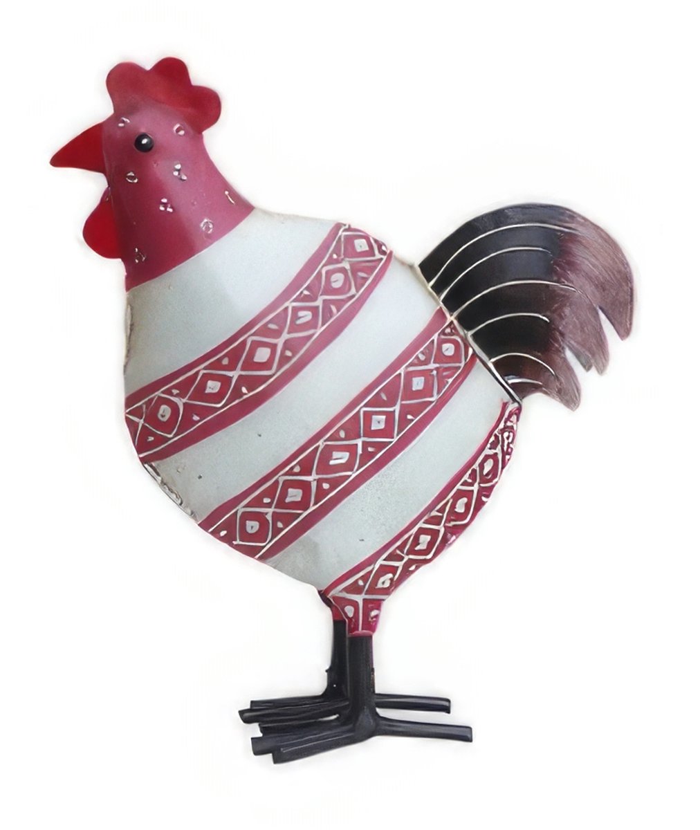Beeld Metalen kip 25 cm hoog gestreept crème - oud roze