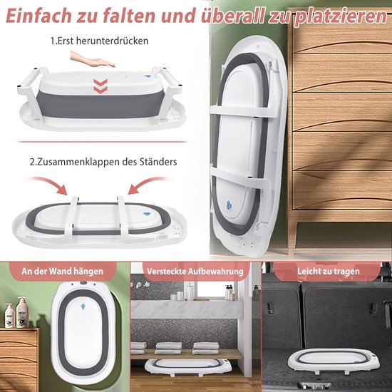 Foldable baby tub with drainage holes, suitable for toddlers up to 8 years, heat-resistant, non-slip foot pads, stable PP & TPE plastic, bath mat included (grey) — afbeelding 3