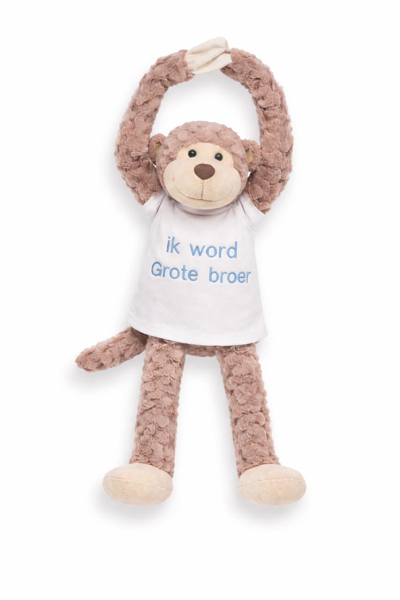 Knuffel aap met Geborduurd Shirt “Ik word grote broer ” – Zwangerschap Aankondiging – Cadeau Grote Broer – Knuffel met Tekst – Baby Aankondiging – slinger aap