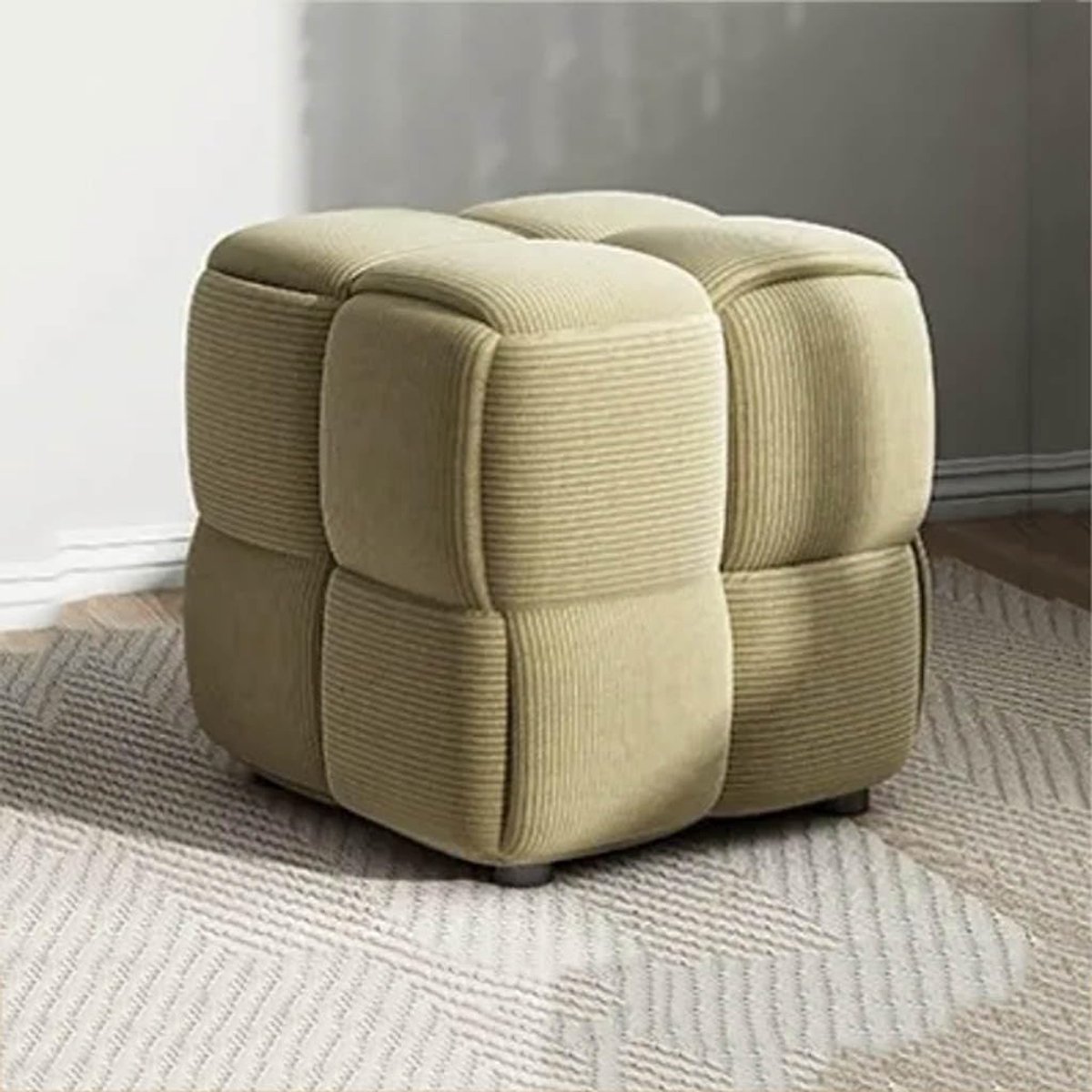 Lage Kruk - Voetenbank Poef - Woonkamer Entree - Geweven Kubusvorm - 28x28x28 cm - Groen