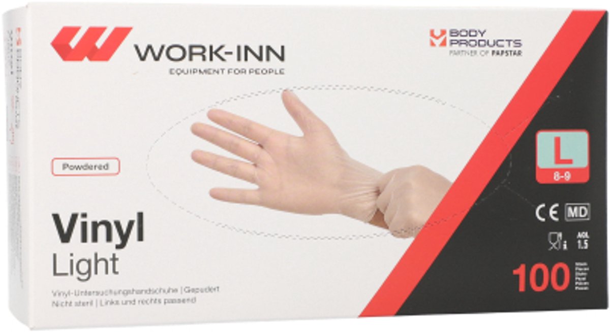 10x 100 WORK-INN Handschoenen Vinyl gepoederd Light transparant Maat: L