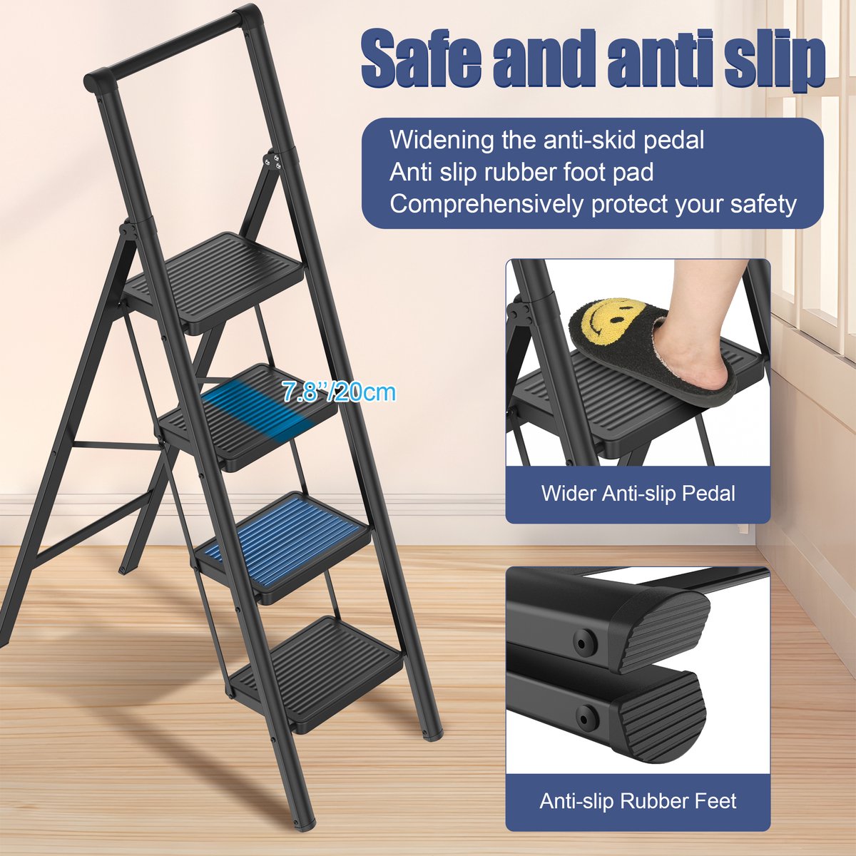 Opvouwbare Trapladder 4 Treden – Huishoudtrap met Brede Antislip Treden (30×20 cm), Stabiel & Belastbaar tot 250 kg – met Leuning – Zwart – foto 3