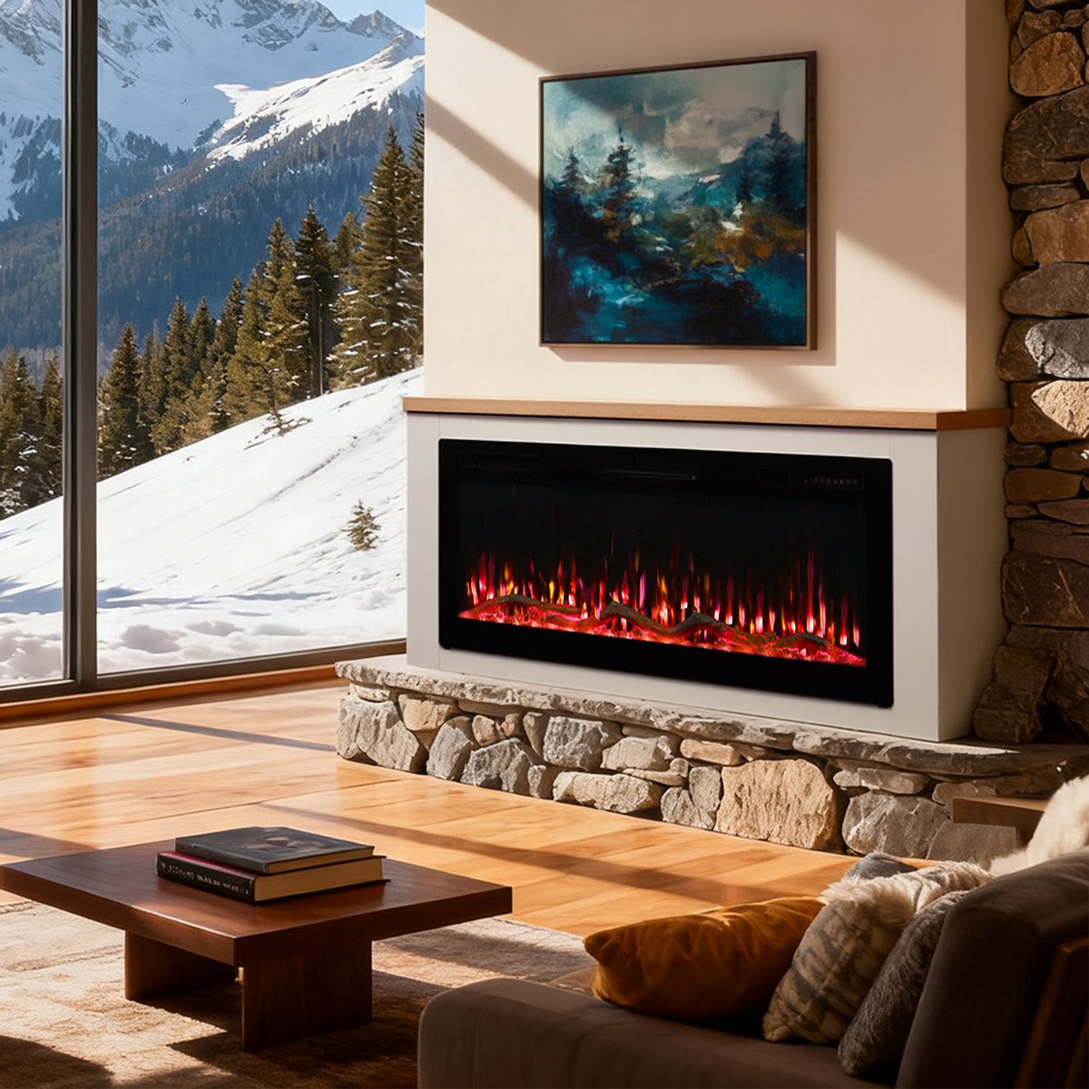 HOMAVO 50'' Elektrische Sfeerhaard met Meubel - 1000/2000W Elektrische Haard met Verwarming - App-besturing - Twaalf 3D-Vlammenkleuren - Timerfunctie - Oververhittingsbeveiliging