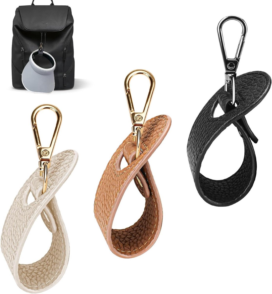 Praktische 3-Pack Hoedclips voor Reizen, Handvrije Hoedclips voor Tassen, PU Leren Hoedaccessoires in Zwart, Wit en Bruin