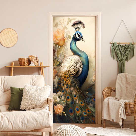 Sticker porte Paon - Plumes de paon - Fleurs - Vogels - Botanique - 80x205 cm - Poster porte