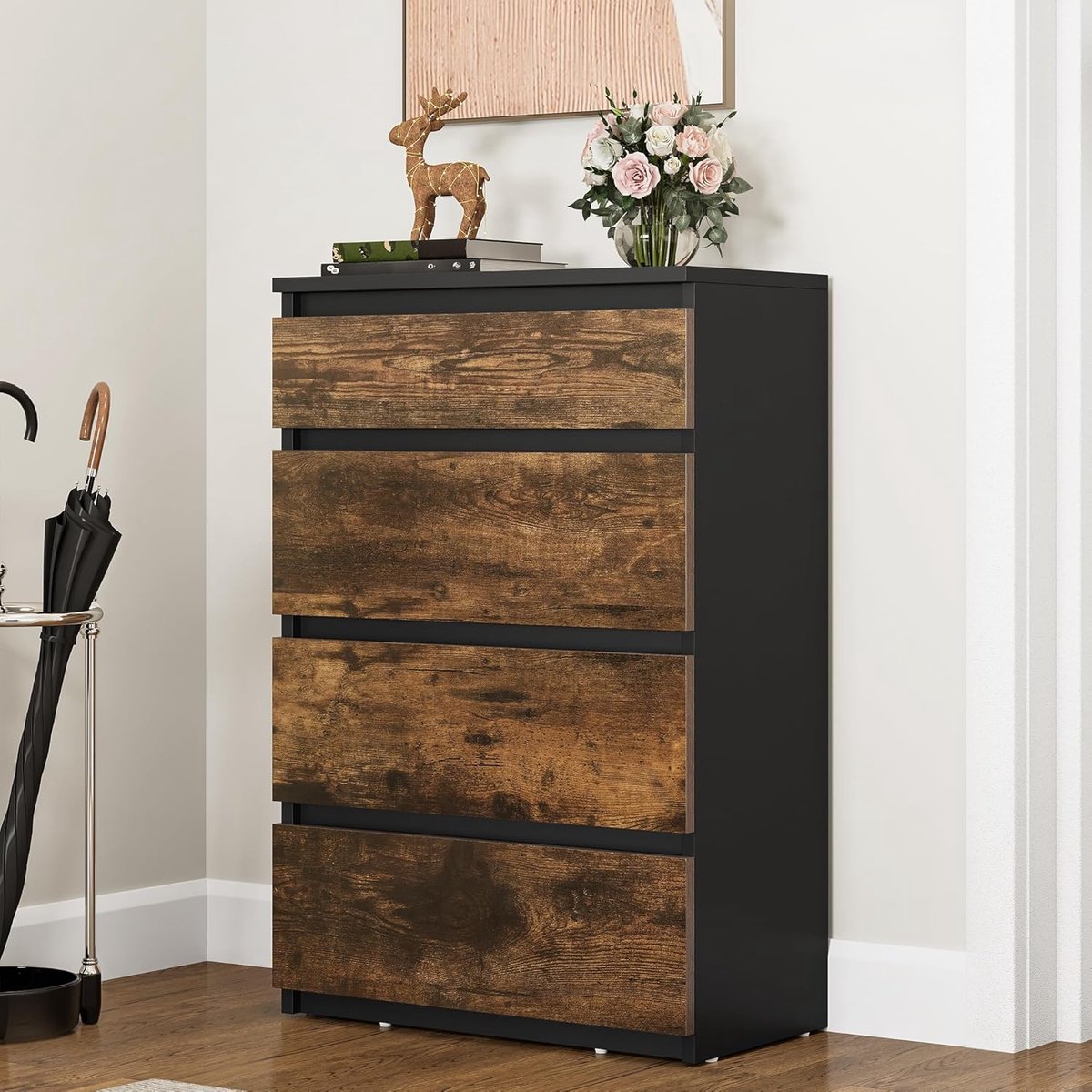 Moderne Zwarte Ladekast met 4 Lades – Commode voor Slaapkamer, Woonkamer en Hal – Rustiek Bruin Zwart Design – 92 cm Hoge Opbergkast – Mobili Bella