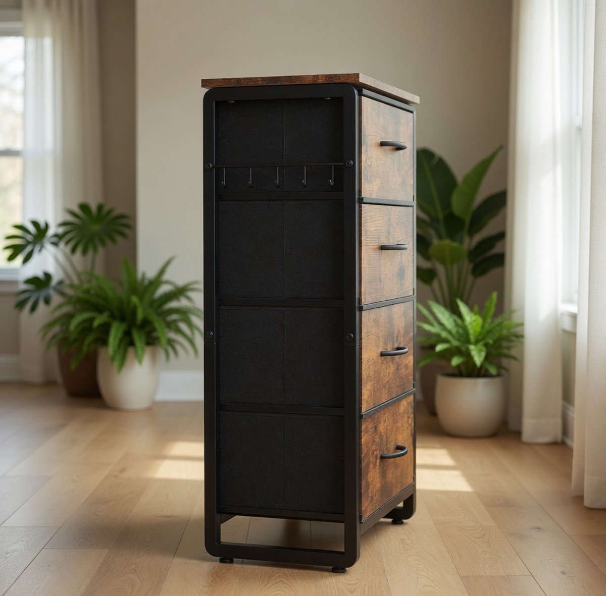 Commode, kast met 4 stoffen laden, dressoir, borst of lades voor kasten, comodetekast met houten plaat en metalen frame voor slaapkamer, woonkamer, hal (bruin)-Mobili Bella