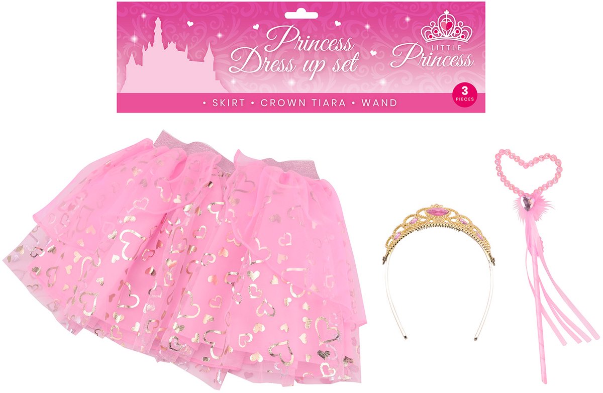 Johntoy prinses verkleedset - roze kostuum met tiara en staf.