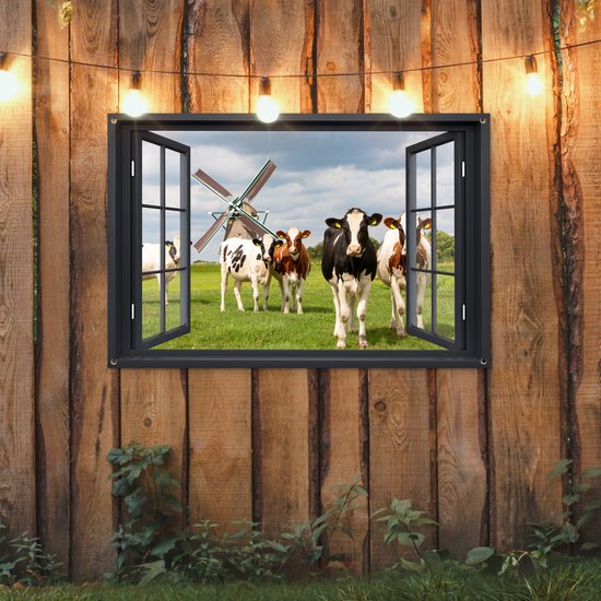 Affiche de jardin Transparente - Vache - Moulin - Vaches - Pâturage - Herbe - Vert - 130x80 cm